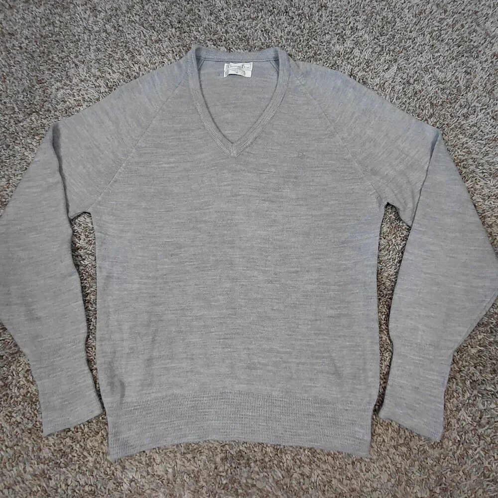 Vintage Christian Dior Pullover Sweater Mens Medium Gray Orlon Arylic V-Neck
